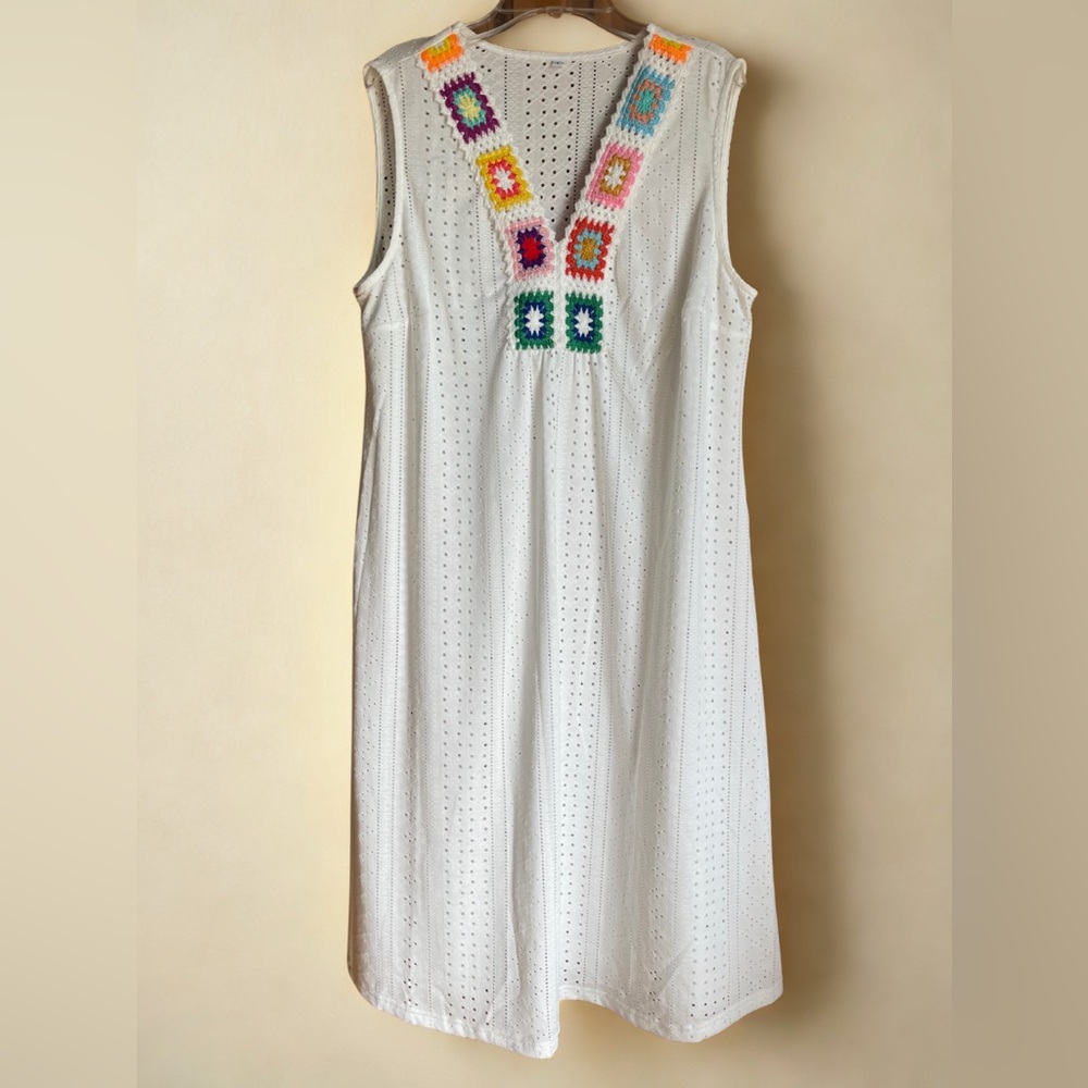 White Sleeveless Midi Dress with Colorful Accents